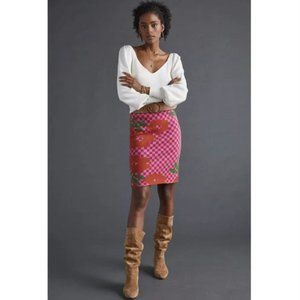 Anthropologie Pink Checkered Floral Sweater Pencil Skirt